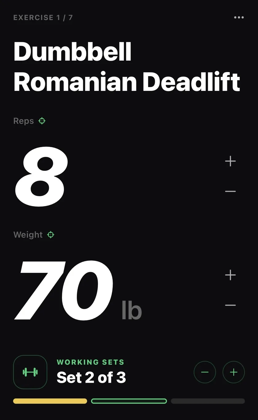 Logging Dumbbell Romanian Deadlift at 8 reps and 70 lb, on set 2 of 3